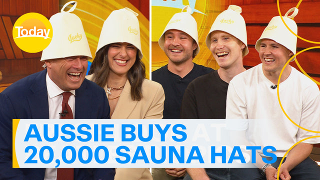 Load video: Luca, Cameron &amp; Niel visit the TODAY show studio to discuss the business and what a sauna hat actually does